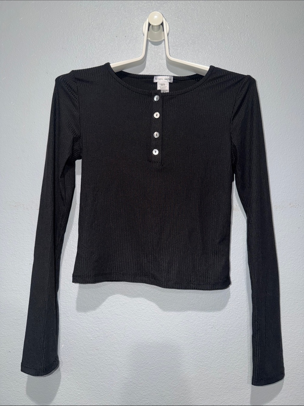 Black Long-Sleeve Ribbed Henley Top - Women's